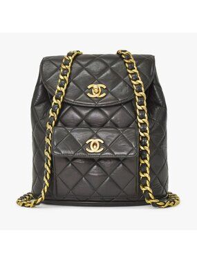 Chanel Quilted Backpack Lambskin CC Logo Black Vintage Gold